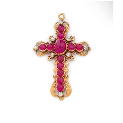 Cabochon ruby and diamond cross pendant